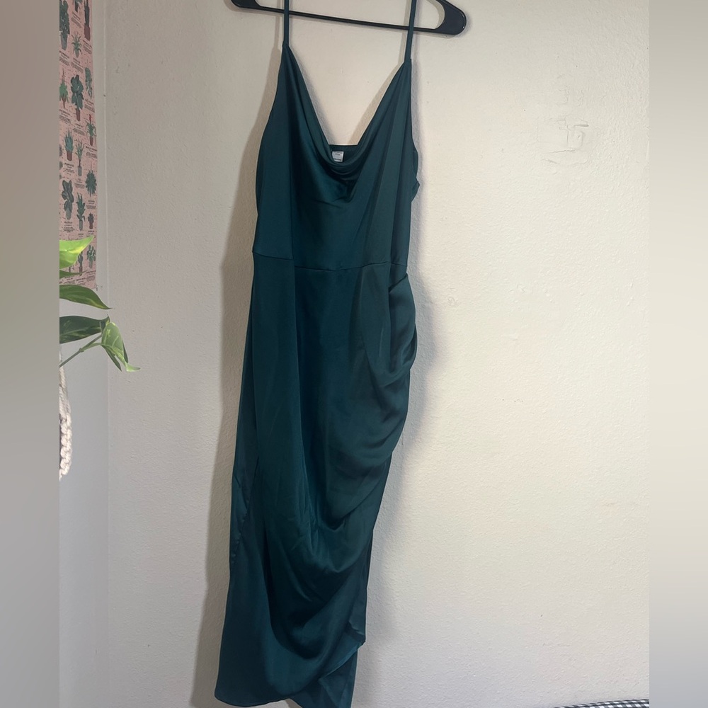 Emerald Satin Slip Midi Cocktail Dress